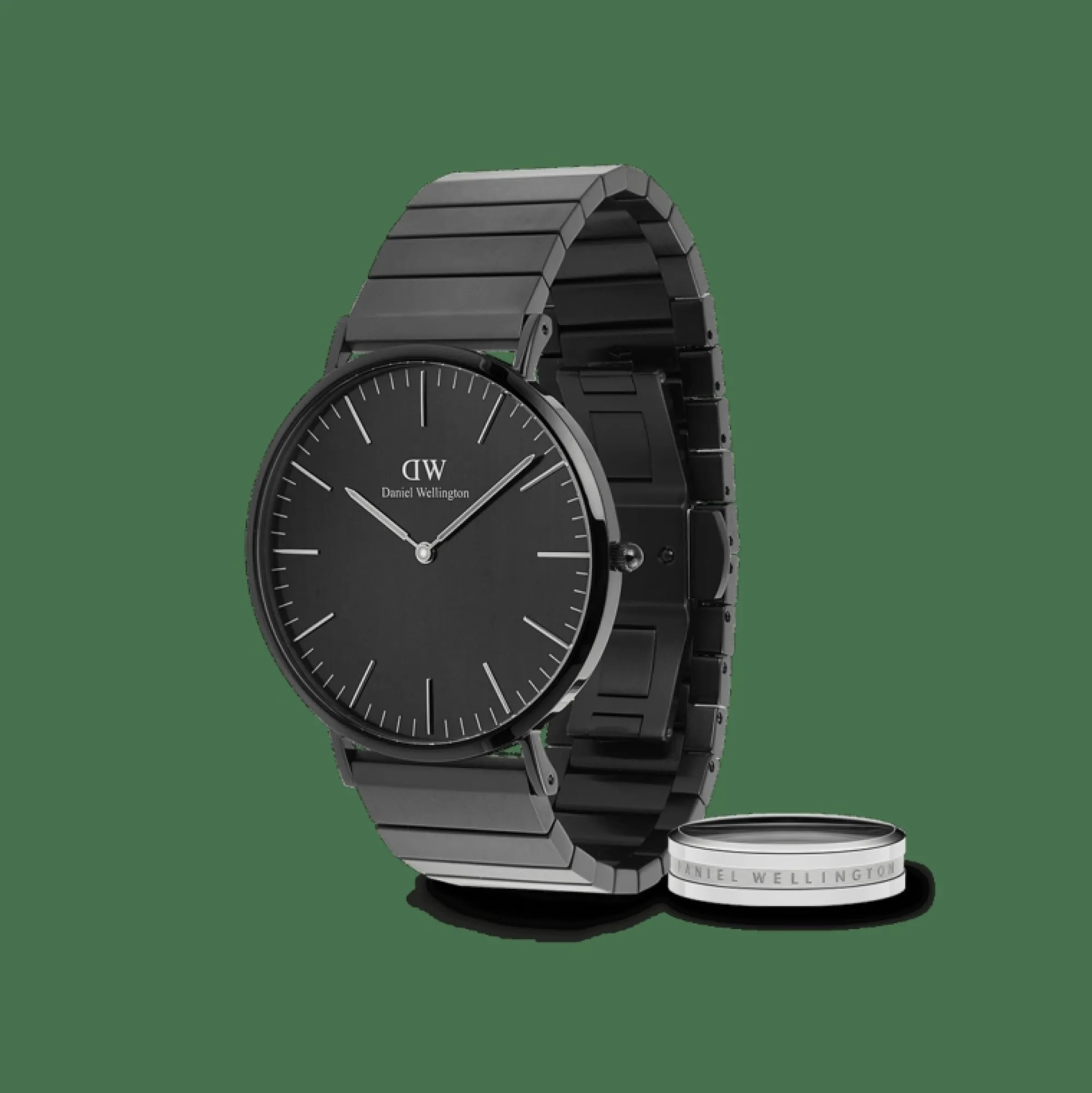 Herren Daniel Wellington Classic Piano Link Onyx Unitone & Elan Ring Silver Set
