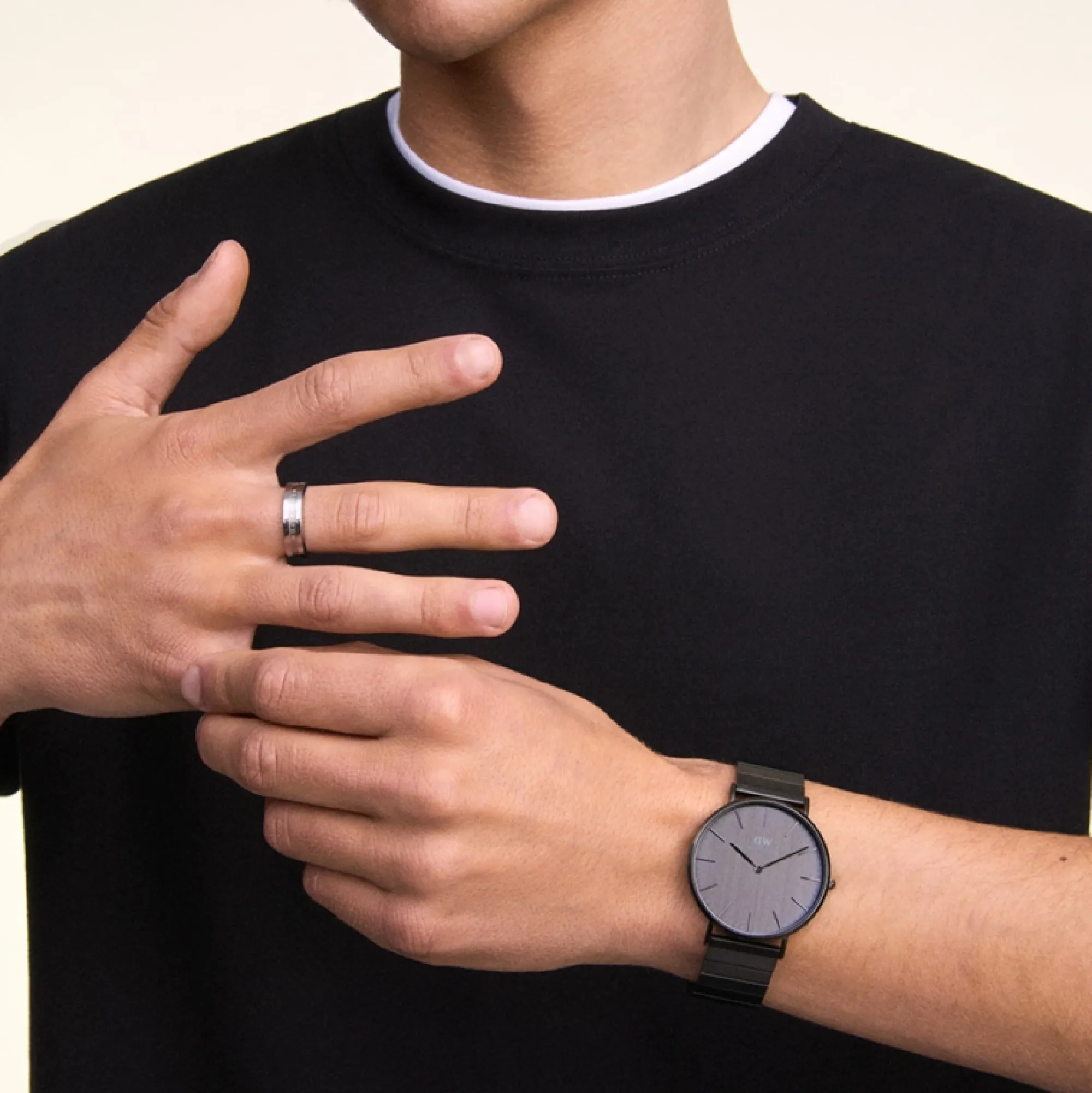 Herren Daniel Wellington Classic Piano Link Onyx Unitone & Elan Ring Silver Set